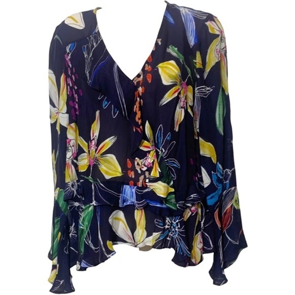 Parker Gardenia Nights Navy Floral silk blend blouse ruffle peplum detailing - Picture 8 of 10